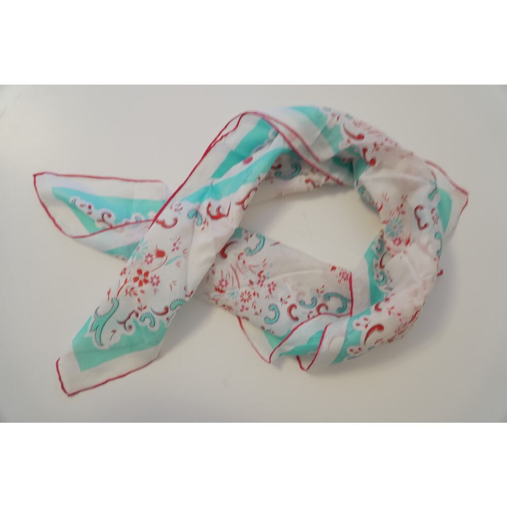 Vintage Giammona Rayon Silk Scarf White Red Polka Dot Blue Floral 30x30 Japan - Picture 4 of 8
